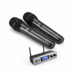 Dual Wireless Handheld Microphones with Compact Digital Receiver Base – Black